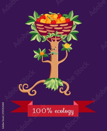 Tree in the form of a stylized mustachioed man with a basket of fruit on her head. Vector illustration. Beautiful packaging design for multifruit juice, jam and marmalade. Apples, pears and apricots.