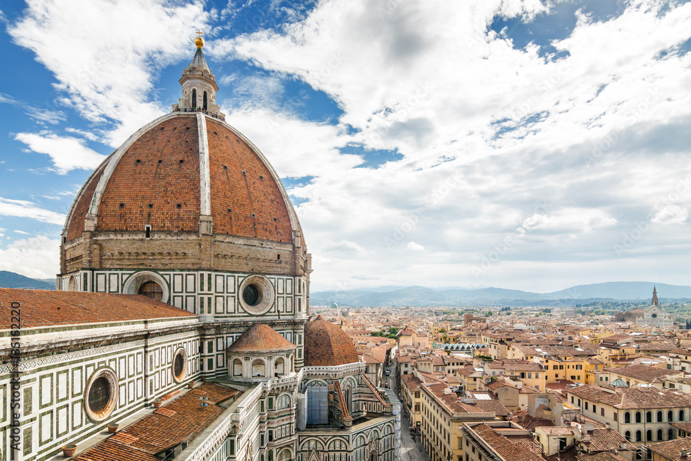 Fragment of Cathedral of Santa Maria del Fiore (Duomo) from viewpoint at Campanilla in Florence, Toscana province, Italy.