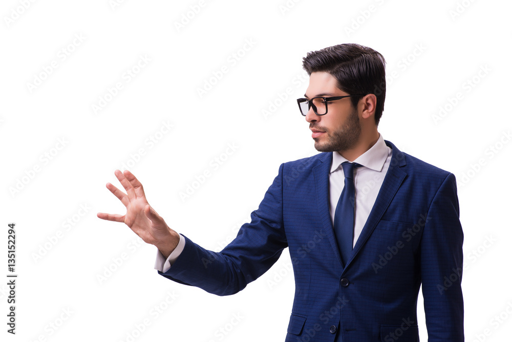 Young businessman pressing virtual buttons isolated on white Young businessman pressing virtual buttons isolated on white