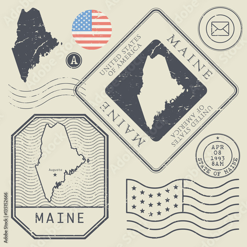 Retro vintage postage stamps set Maine, United States