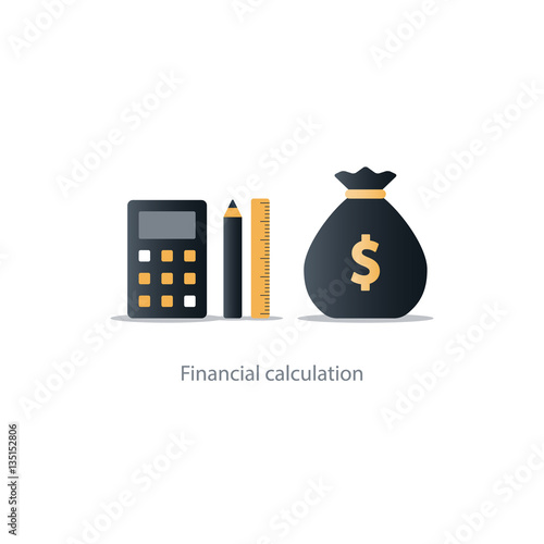 Budget money count, financial calculator, pencil and ruler, fund use