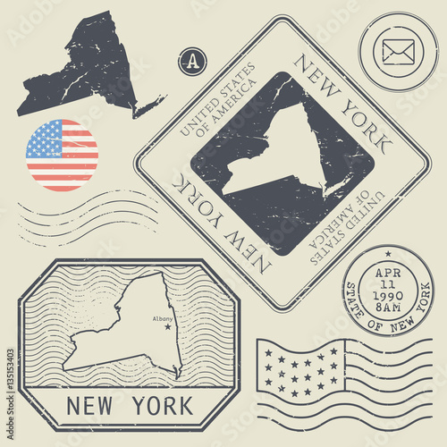 Retro vintage postage stamps set New York, United States