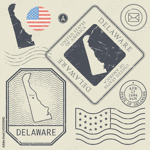 Retro vintage postage stamps set Delaware, United States