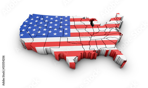 USA map with flag and shadow on white background. 3D rendering.