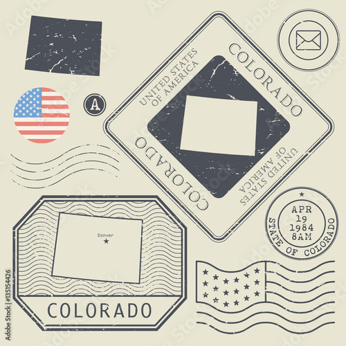 Retro vintage postage stamps set Colorado, United States