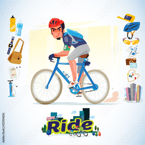 smart man riding the bicycle with elements. city ride. character