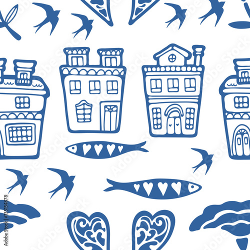 Seamless pattern with typical portuguese houses sardines flowers and swallows