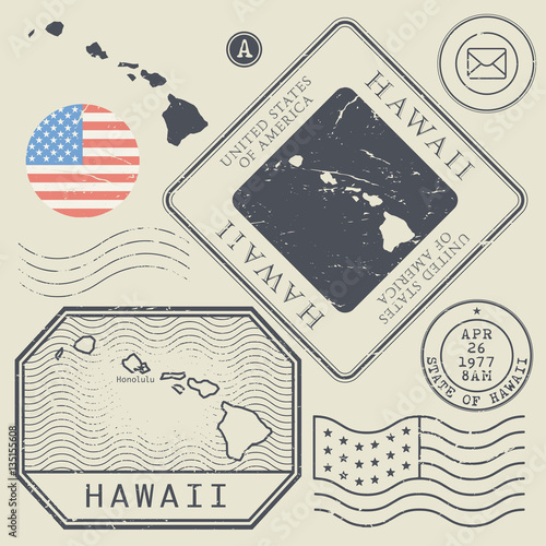 Retro vintage postage stamps set Hawaii, United States