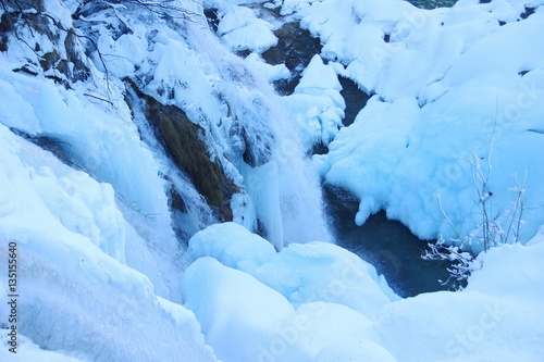 Frozen waterfalls in National park Plitvice lakes in Croatia