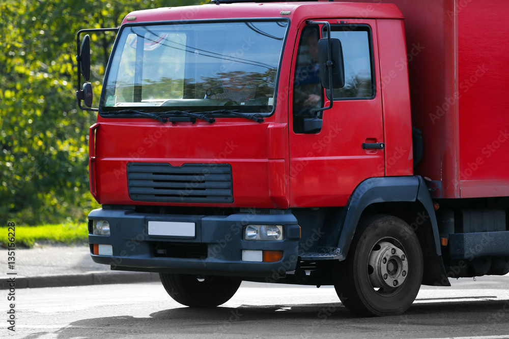 Front of red American cargo truck Front of red American cargo truck