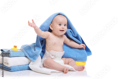 Cute baby with towels on wh...