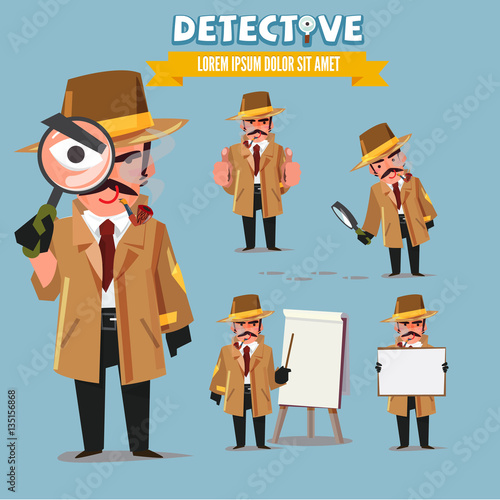 Detective character set. character design with typographic - vector illustration