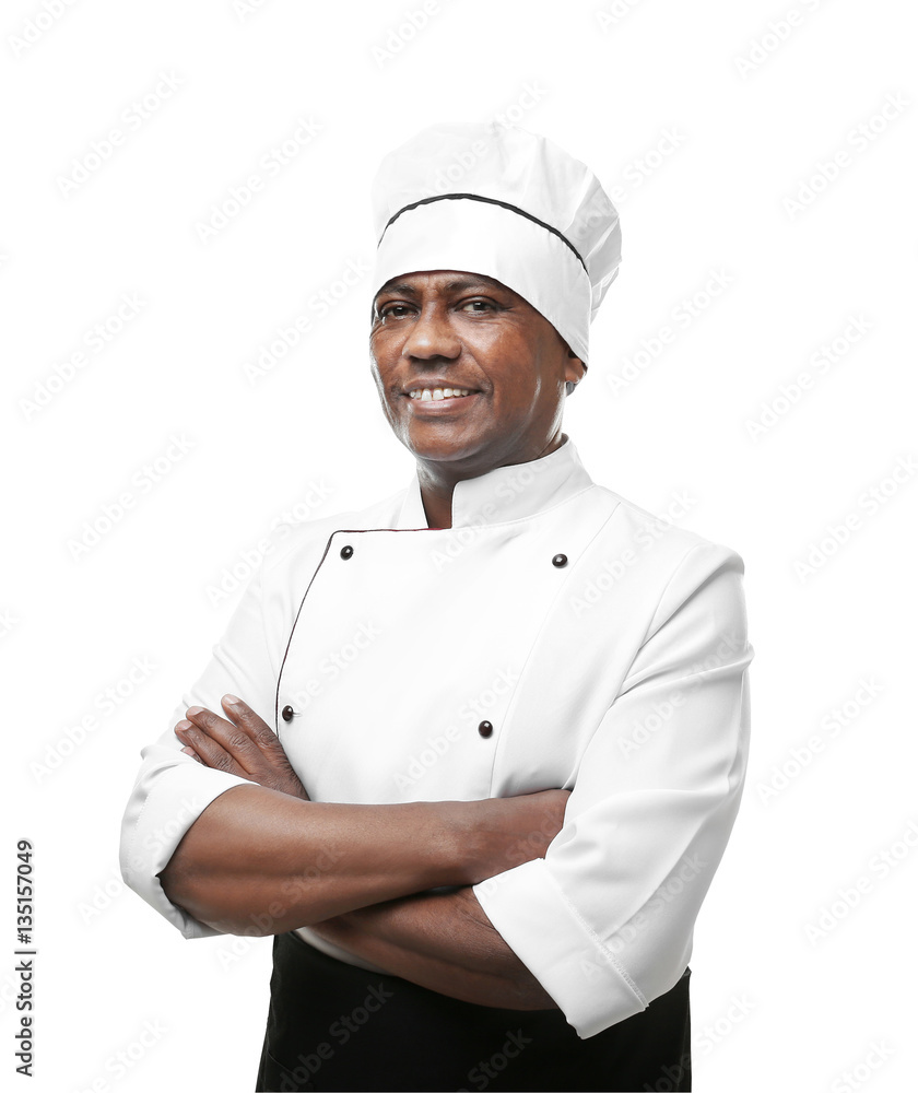 Indian chef in uniform on white background
