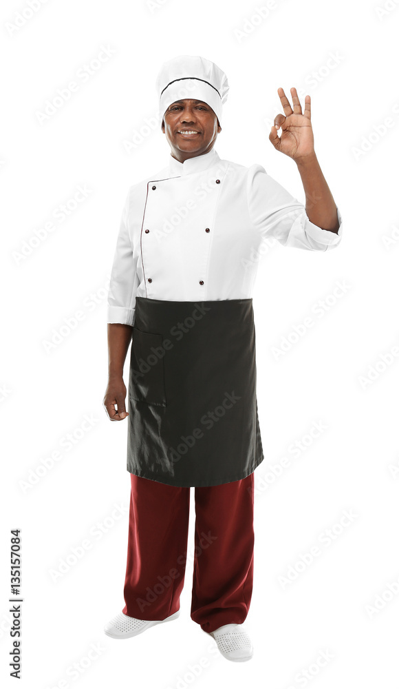 Indian chef in uniform on white background