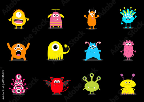 Monster big set. Cute cartoon scary character. Different emotion. Baby collection. Black background Isolated. Happy Halloween card. Flat design.
