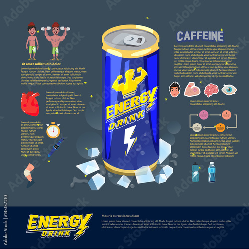 Enery drink can with benefits. power drink infographic. typograp