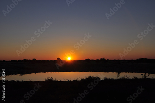Sonnenuntergang beim Wasserlich im Halali Camp im Etosha Nationa