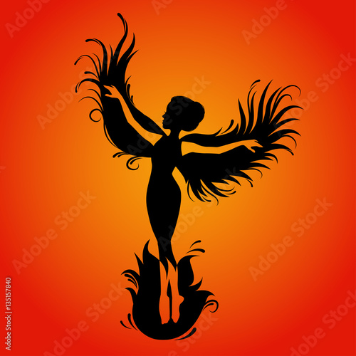 Silhouette of phoenix bird. Template for cut of laser or engraved. Stencil for paper, plastic, wood, laser cut acrylic. Decoration for windows, wall and interior design. 