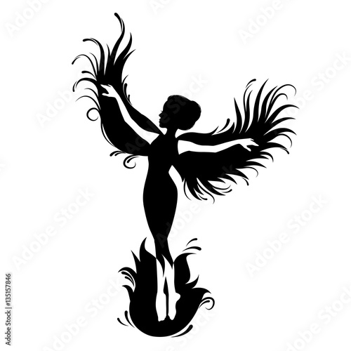 Black silhouette of woman-phoenix bird. Red fenix. Symbol of immortality. Fiery bird. Vector isolated on white.