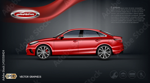 Digital vector red model sedan car with 2 seats and black windows mockup, your brand, ready for print ads or magazine design. Dark background with ribbon. Transparent and shine, realistic 3d style