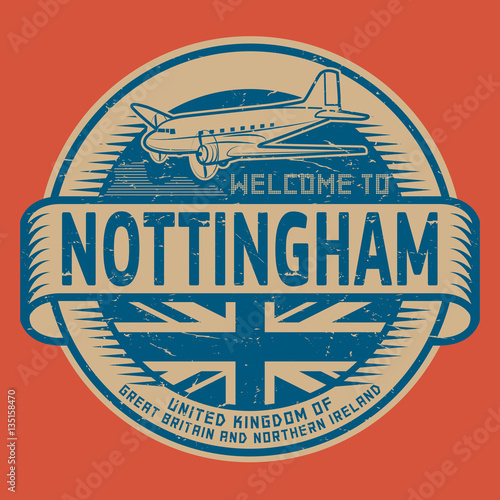 Stamp or tag with airplane text Welcome to Nottingham, UK