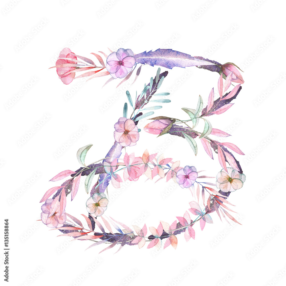 Capital letter B of watercolor pink and purple flowers, isolated hand drawn on a white background, wedding design, english alphabet for the festive and wedding decor and cards