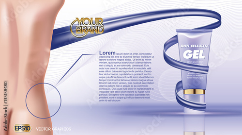 Digital vector blue violet anti cellulite skin care cosmetic container mockup with gel, your brand, ready for print ads or magazine design. Female back. Transparent and shine, realistic 3d style