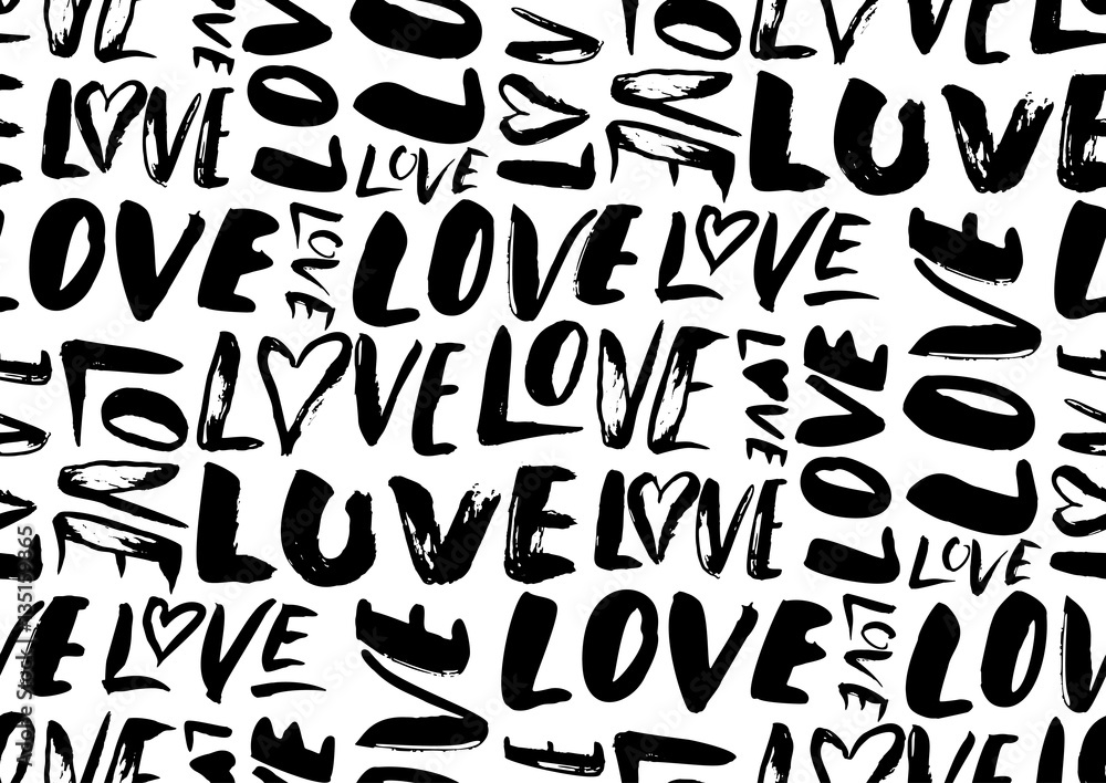 Seamless pattern with love words, hearts.