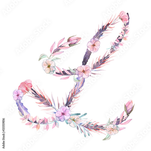 Capital letter L of watercolor pink and purple flowers, isolated hand drawn on a white background, wedding design, english alphabet for the festive and wedding decor and cards