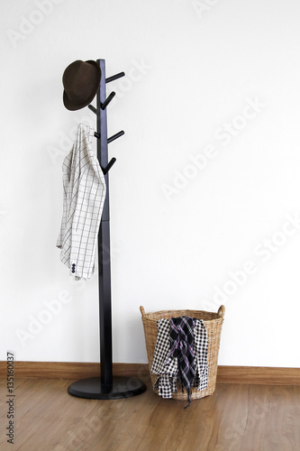 Wicker basket weave with Coat hanger on white background.