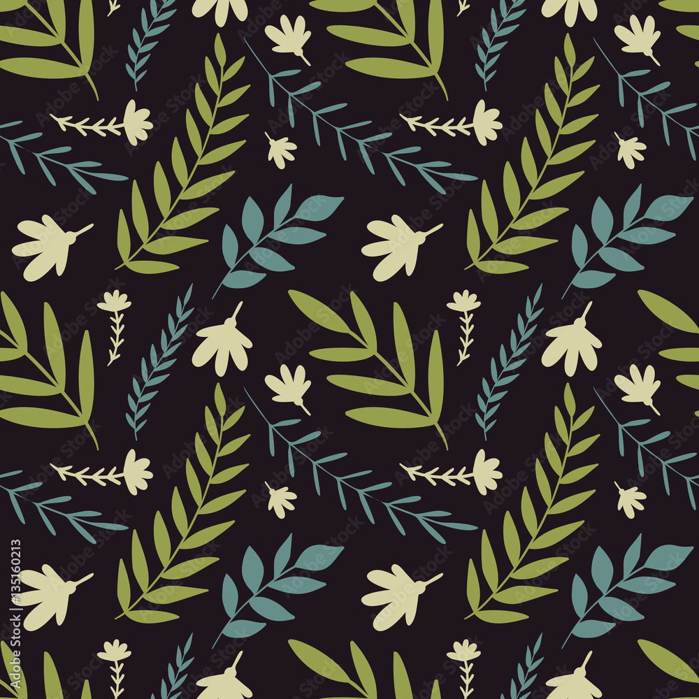 Seamless pattern with hand-draw branches and flowers. Trendy colors. Vector illustration. Seamless pattern with hand-draw branches and flowers. Trendy colors. Vector illustration.