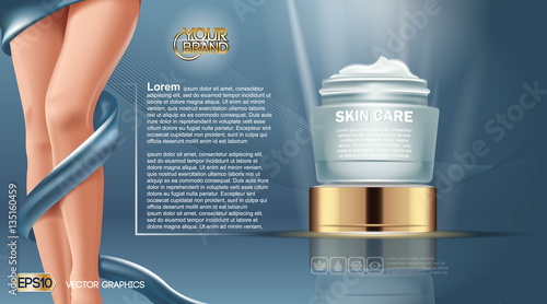 Skin care beauty Body Foundation. Moisturizing Lotion cosmetic ads template. Mockup 3D Realistic Woman silhouette illustration. Blue colors