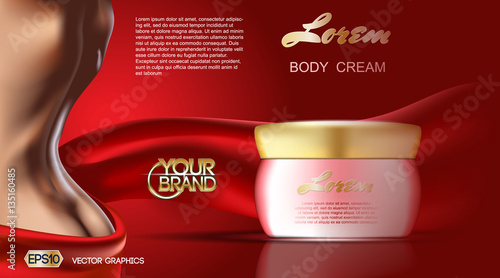 Skin care beauty Body Cream and Lotion. Moisturizing cosmetic ads template. Mockup 3D Realistic Woman silhouette illustration. Red flame colors