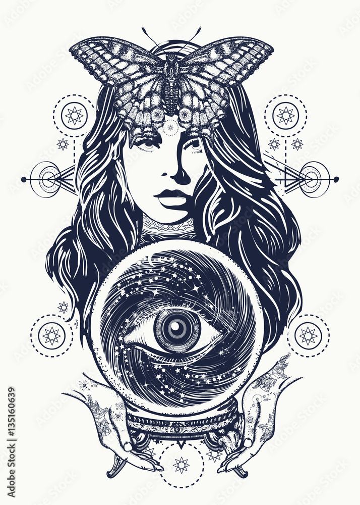 Magic woman tattoo art. Fortune teller, crystal ball Stock Vector