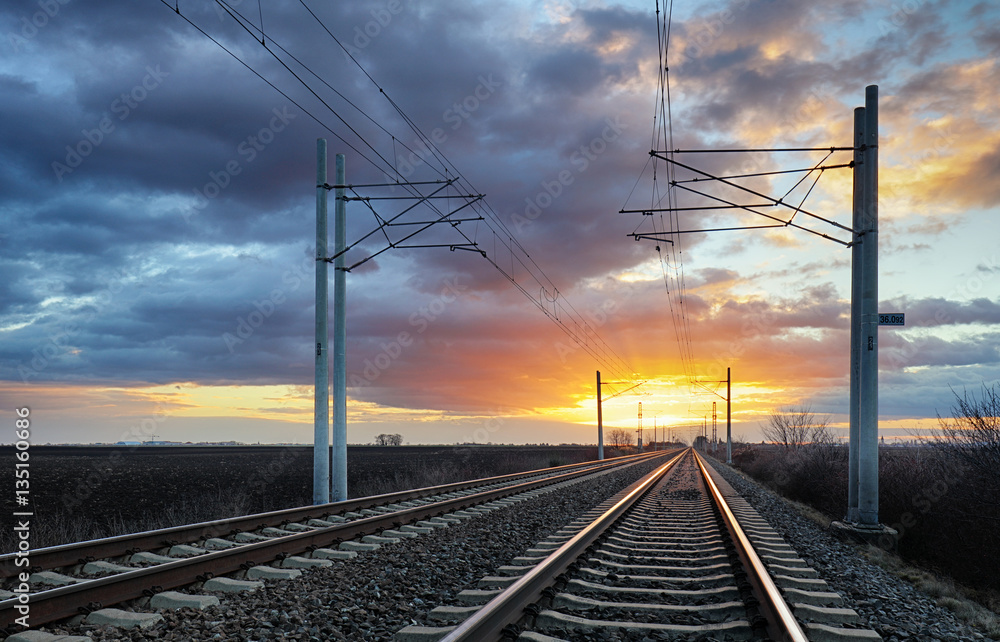 Fototapeta premium Railroad tracks in the setting sun