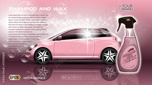 High quality Car Shampoo and Wax Spray packadge mock up ads. Bottle of carwash soap. 3d Vector realistic vehicle template. Pink colors