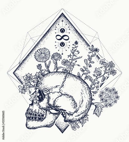 Human skull through which flowers, tattoo art, symbol of life