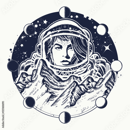 Woman astronaut tattoo art. Spaceman exploring new planets