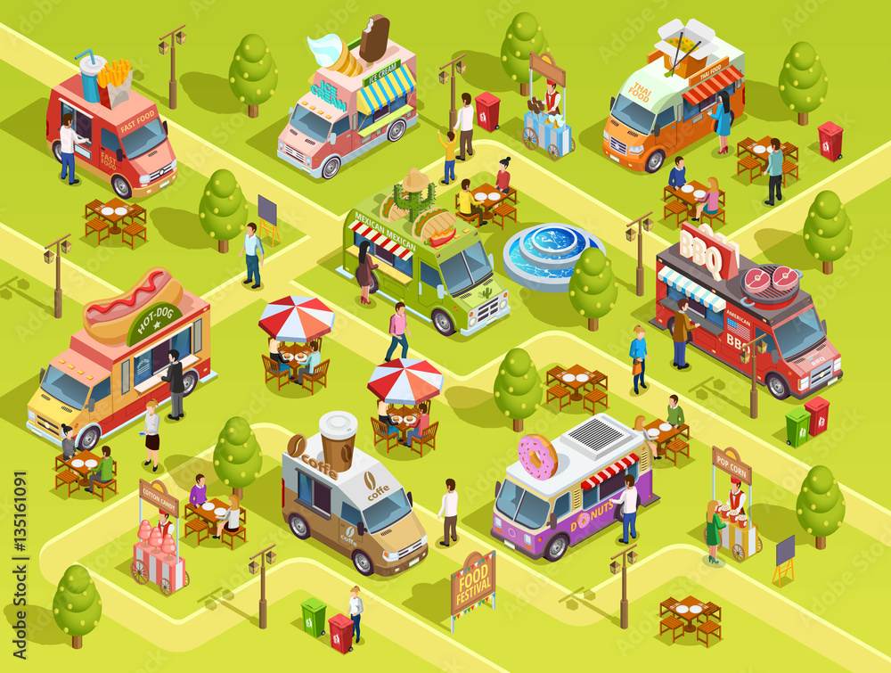Food Trucks Outdoors Isometric Composition Poster Food Trucks Outdoors Isometric Composition Poster
