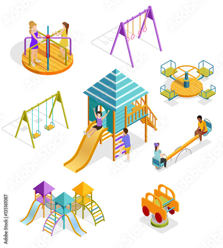 Isometric Swinging Kids Icon Set