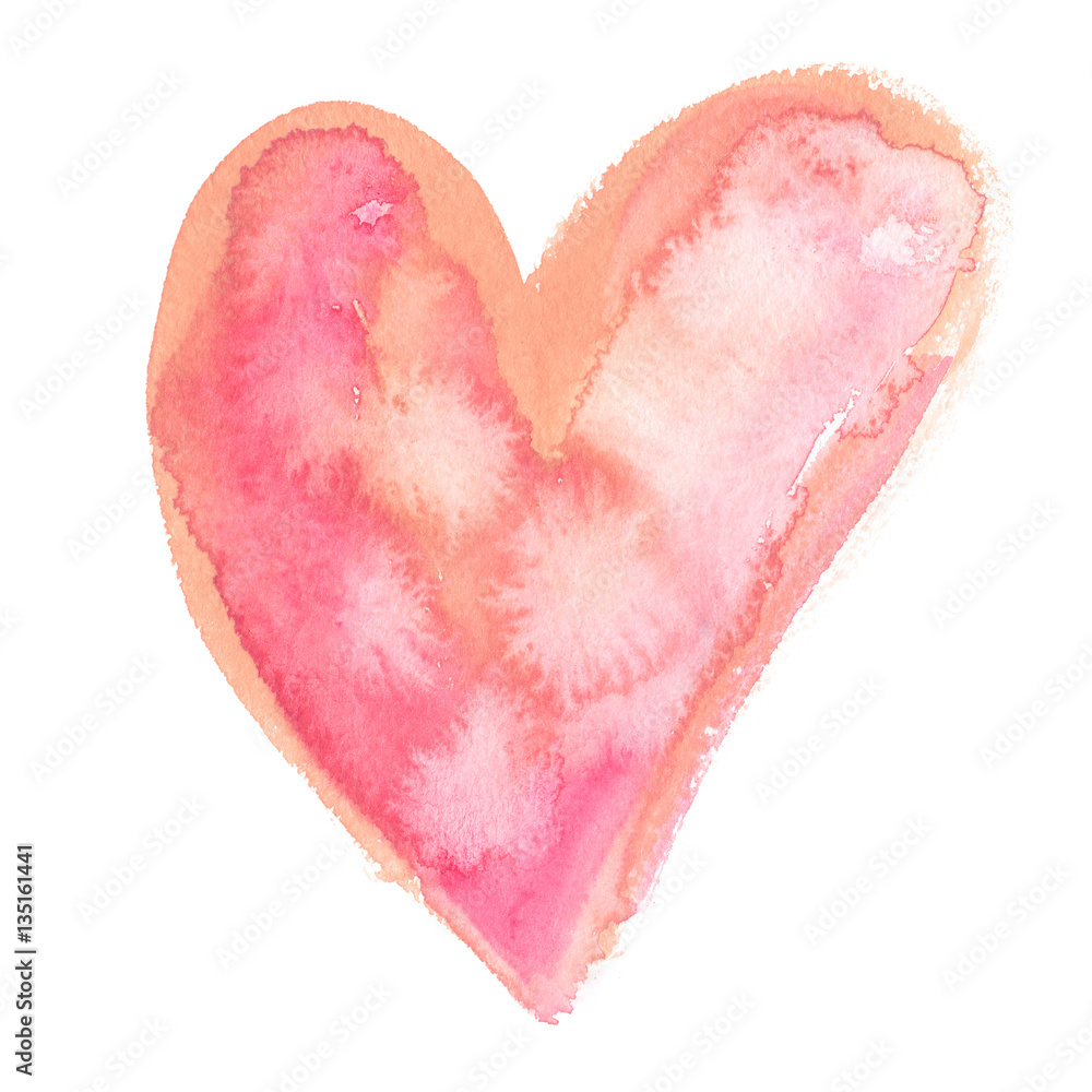 Big pale pink and pastel orange peach orange heart painted in watercolor on clean white background