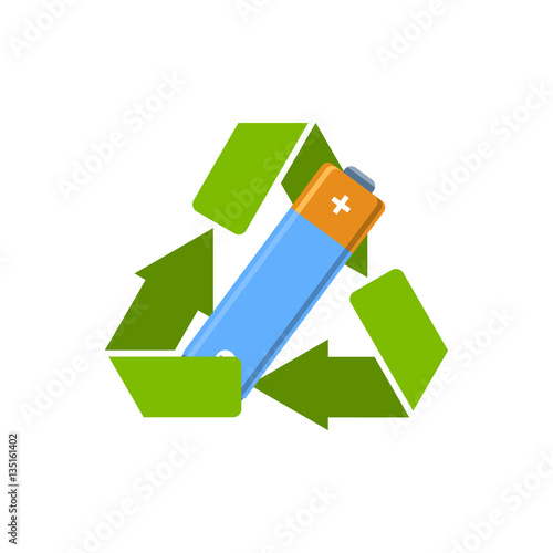 Battery AA in recycle sign. Battery recycling sign. Vector illustration.