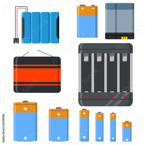 Battery and accumulator blue set isolated vector illustration