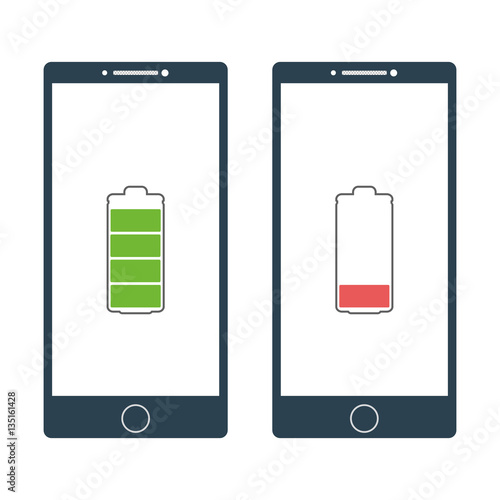 Two smartphone with charged and discharged battery signs. Full battery and low battery signs. Vector illustration