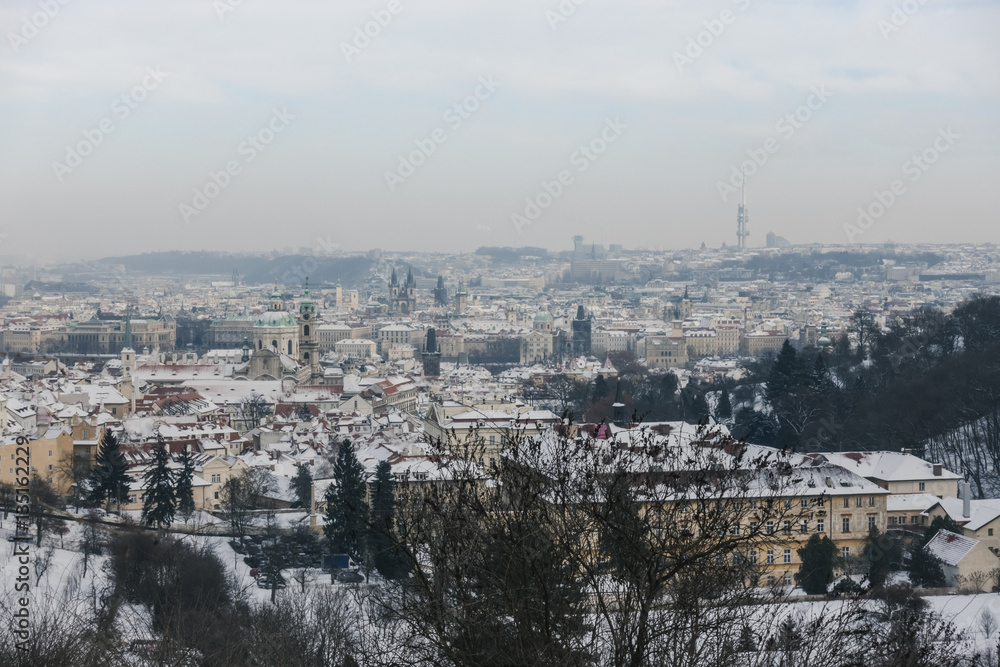 View of Prague under the snow in winter