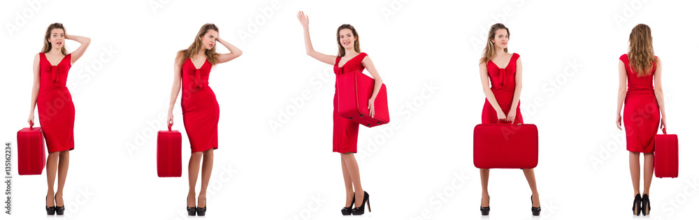 Young woman in red dress with suitcase isolated on white Young woman in red dress with suitcase isolated on white