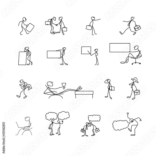 Cartoon icons set of sketch stick business figures in cute miniature scenes.