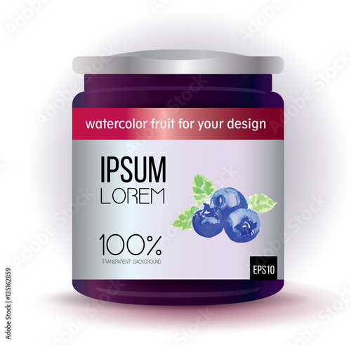 Template label design with watercolor blueberry for fruit jam, compote, marmalade, candy. Glass jar with with jam, confiture or honey. Vector illustration. Packaging collection. Label for jam.