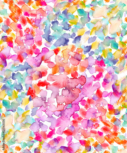 Seamless background pattern with bright pink, turquoise blue and yellow dots and stains painted in watercolor