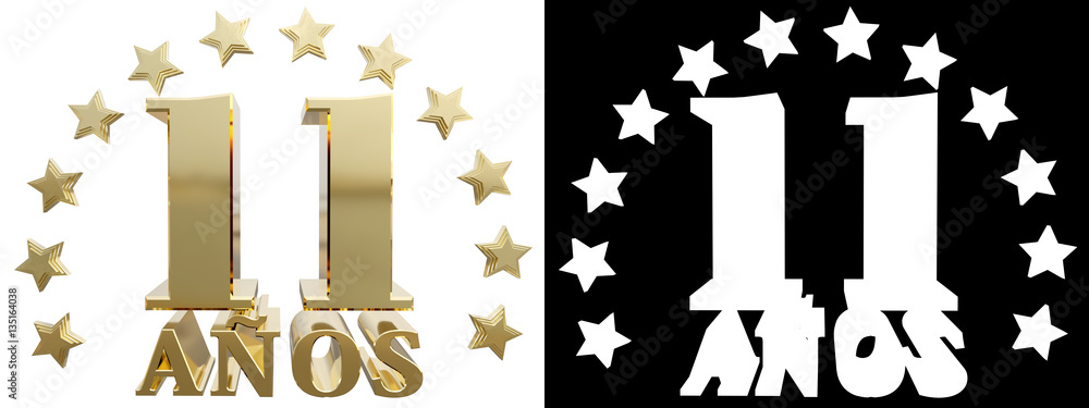 Golden digit eleven and the word of the year, decorated with star. Translated from the Spanish. 3D illustration